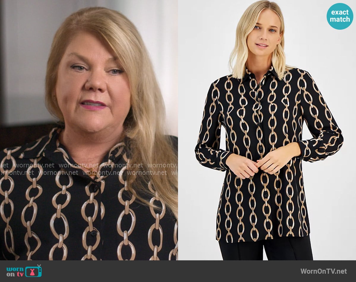 Anne Klein Printed Button-Front Blouse worn by Andrea Swift on The End of an Era