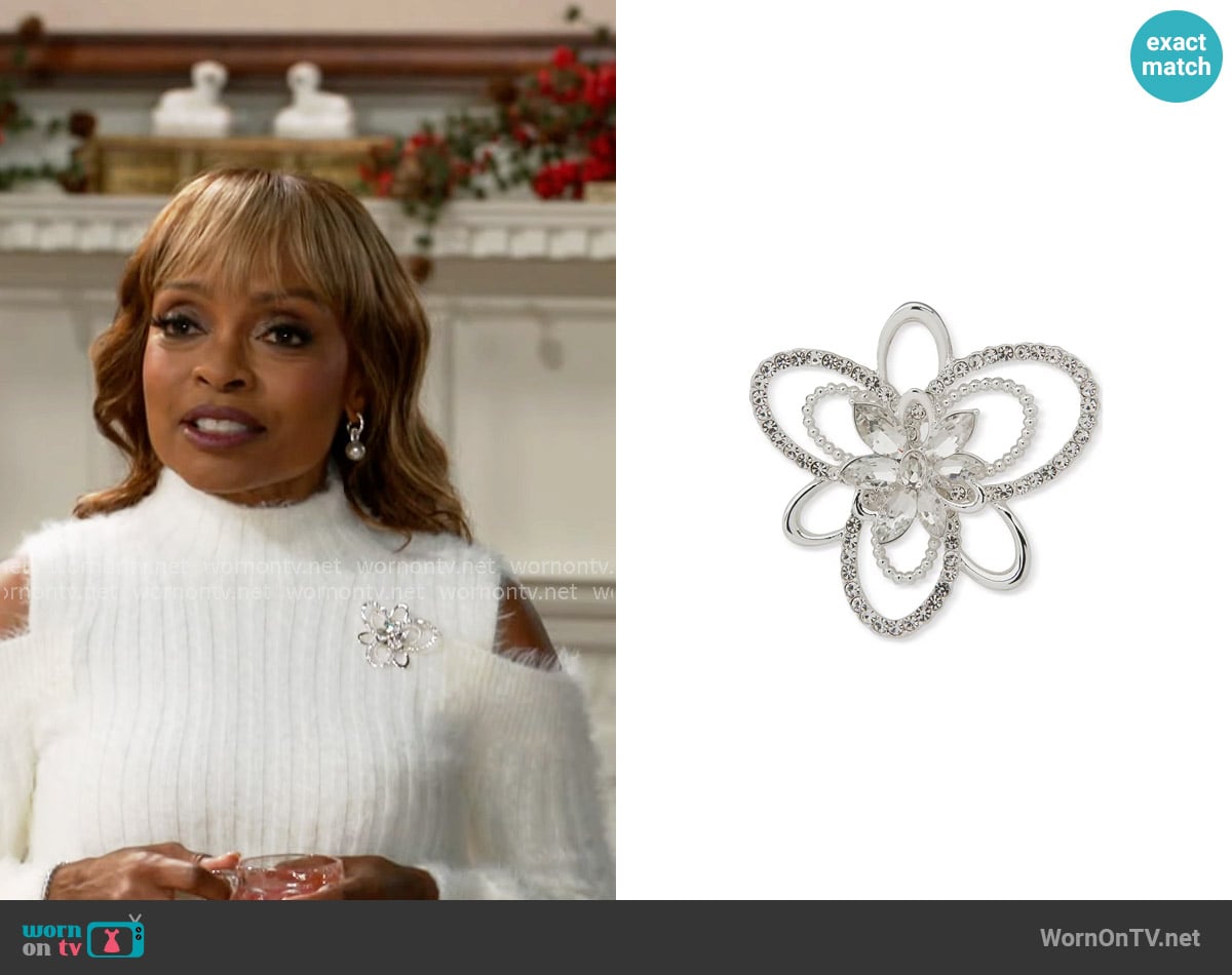 Anne Klein Silver-Tone Crystal Cluster Flower Pin worn by Tracy (Maria Howell) on Beyond the Gates
