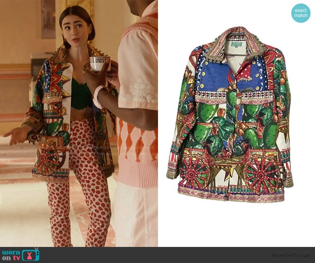 Antica Sartoria Printed Blazer worn by Emily Cooper (Lily Collins) on Emily in Paris