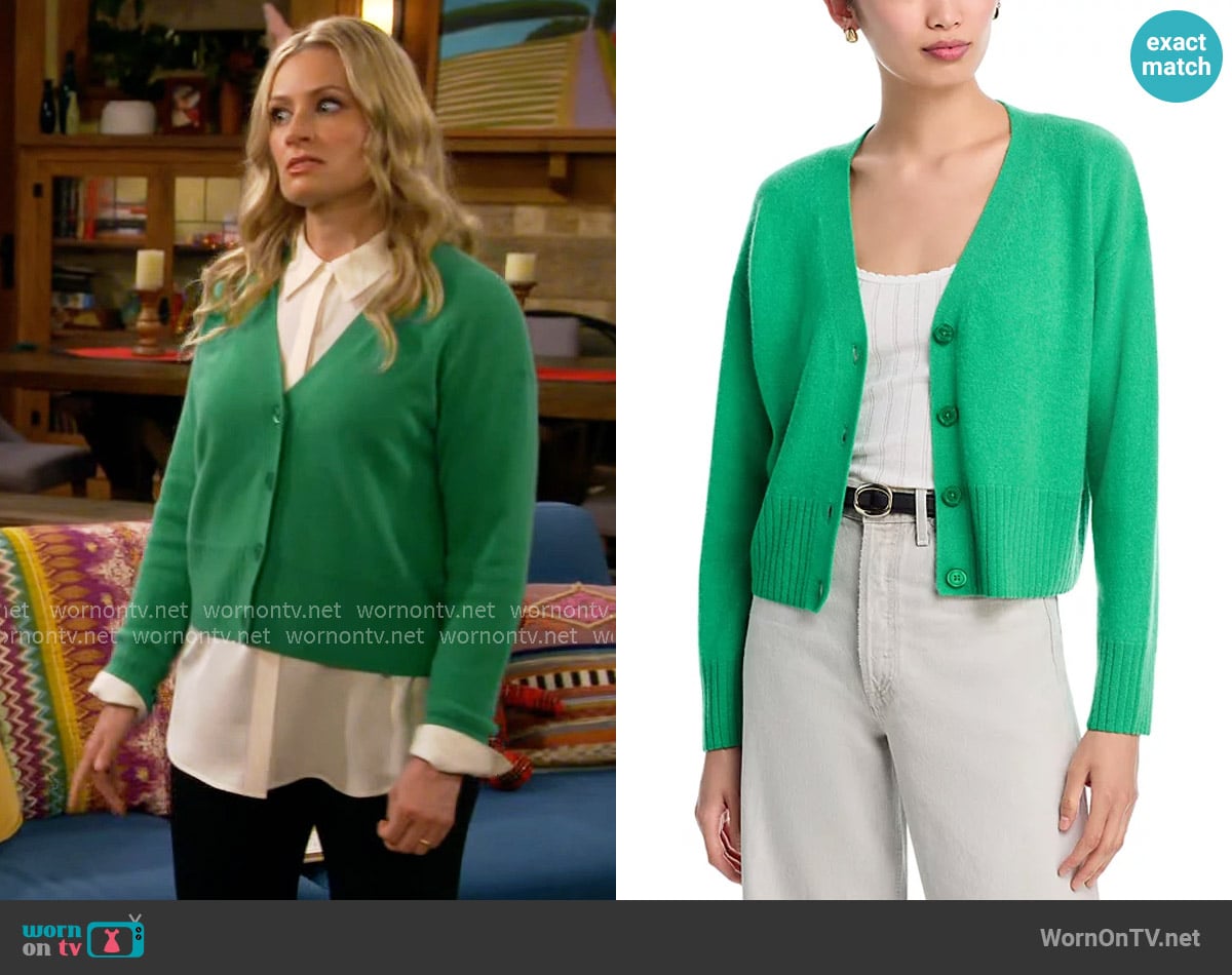 Aqua 100% Cashmere V Neck Cardigan in Verte worn by Gemma (Beth Behrs) on The Neighborhood