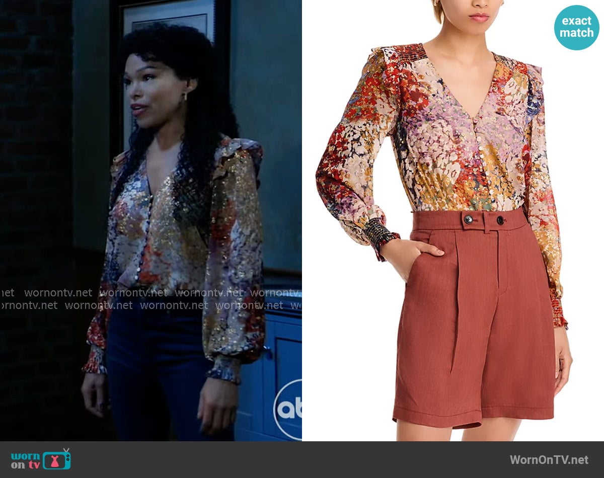 Aqua Abstract Dot Blouse worn by Portia Robinson (Brook Kerr) on General Hospital