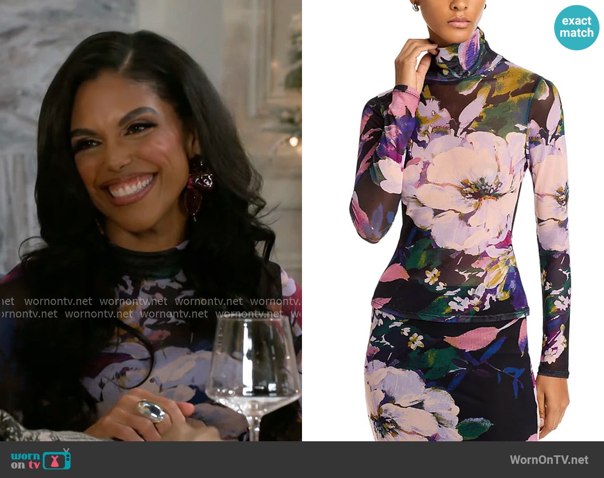 Aqua Floral Mesh Turtleneck Top worn by Dani Dupree (Karla Mosley) on Beyond the Gates