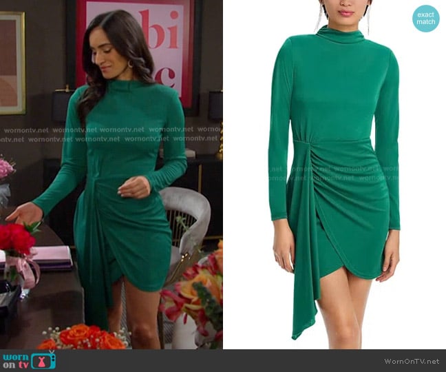 Aqua Long Sleeve Jersey Mock Neck Wrap Skirt Dress in Green worn by Gabi Hernandez (Cherie Jimenez) on Days of our Lives