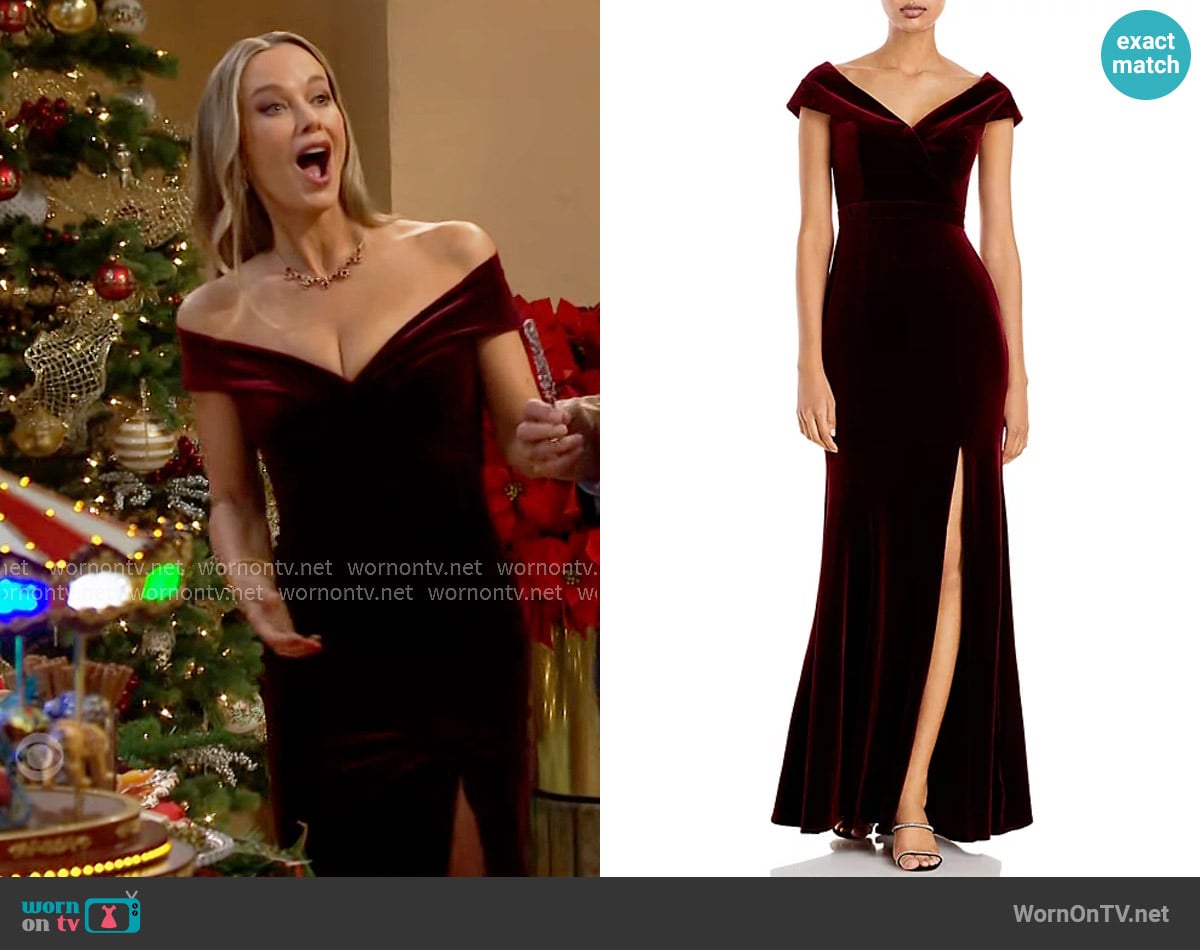 Aqua Off-the-Shoulder Fluted Velvet Gown worn by Donna Logan (Jennifer Gareis) on The Bold and the Beautiful