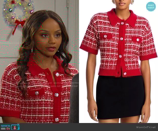 Aqua Tweed Cardigan in Red worn by Chanel Dupree (Raven Bowens) on Days of our Lives