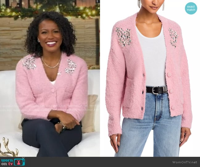 Aqua x Salvatore Rizza V Neck Embellished Cardigan worn by Janai Norman on Good Morning America