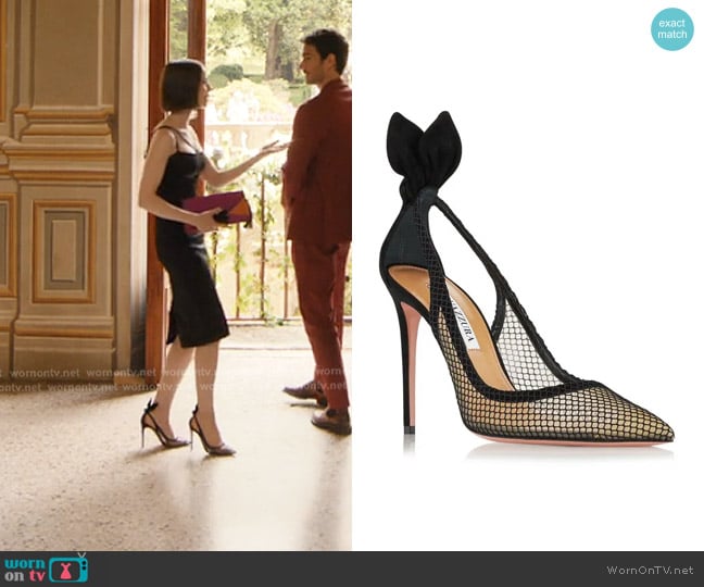 Aquazzura Bow Tie Mesh Pointed Toe Pump worn by Emily Cooper (Lily Collins) on Emily in Paris