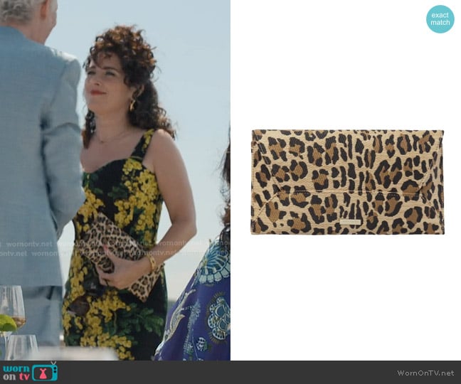 Aquazzura Leopard Clutch worn by Bianca (Solenn Le Couviour Mancini) on Emily in Paris