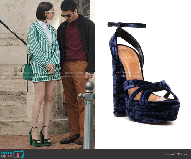 Aquazzura Ribbed Velvet Platform Sandals worn by Emily Cooper (Lily Collins) on Emily in Paris
