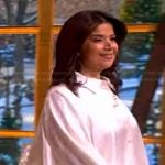 Ana’s white satin pinstripe top and pants on The View