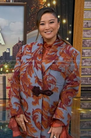 Ashley Park's blue and orange print coat on Good Morning America