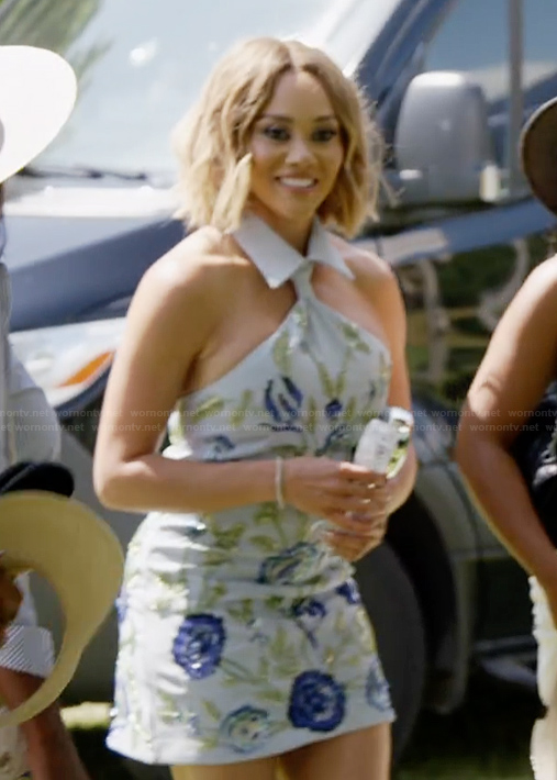 Ashley’s blue floral embellished mini dress on The Real Housewives of Potomac
