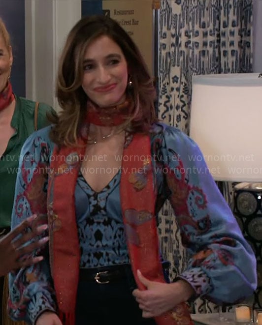 Ashley’s blue paisley print blouse on Beyond the Gates