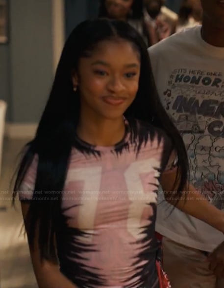 Ashley's pink side stripe pants and graphic tee on Bel-Air