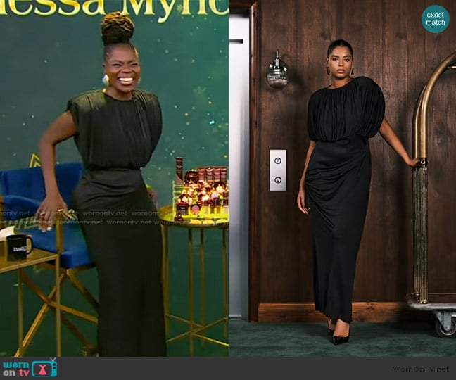 ASOS Curve structured shoulders maxi dress with exposed corset in black worn by Danessa Myricks on Tamron Hall Show