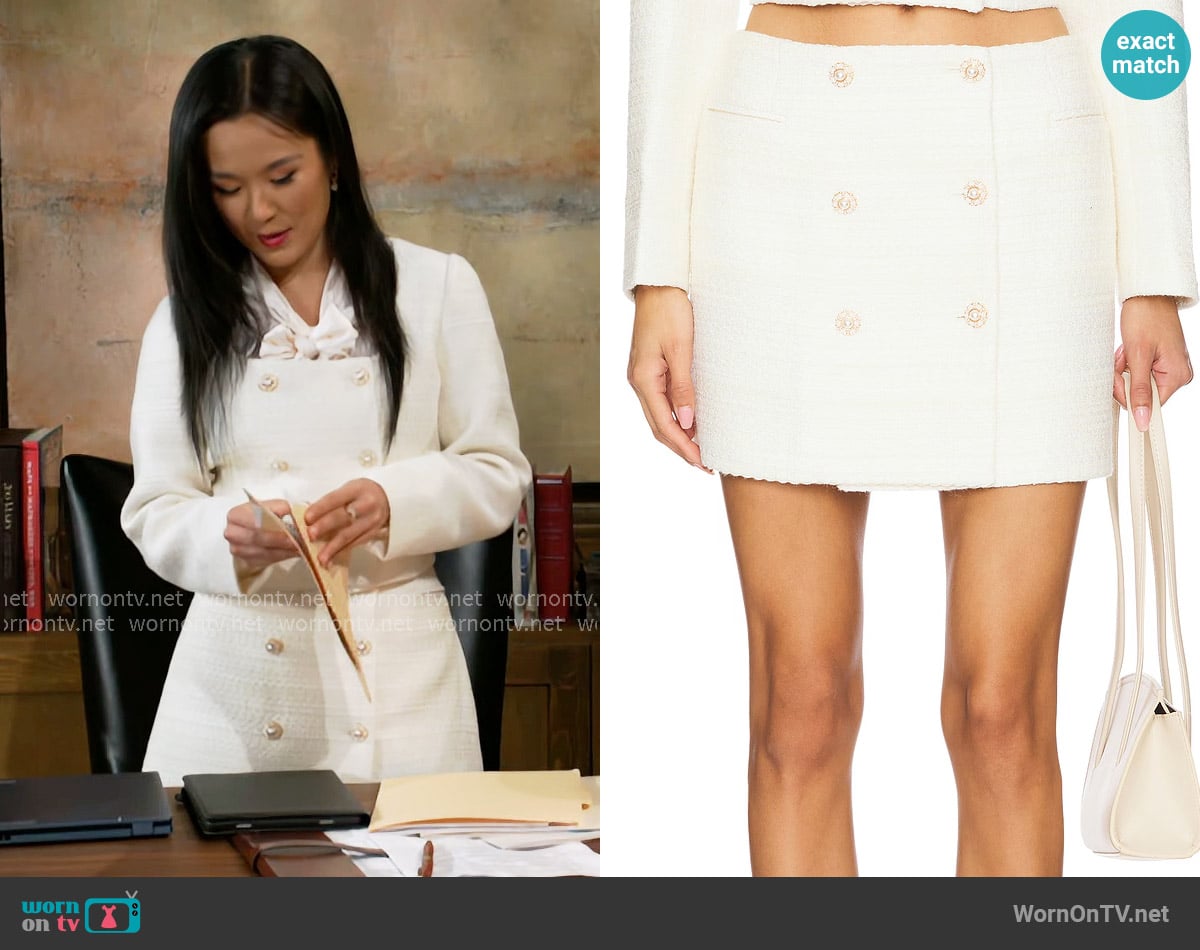 ASTR The Label Rosario Skirt in Cream worn by Caroline Lee (Ellie Wang) on Beyond the Gates