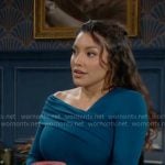 Audra’s teal asymmetric shoulder dress on The Young and the Restless