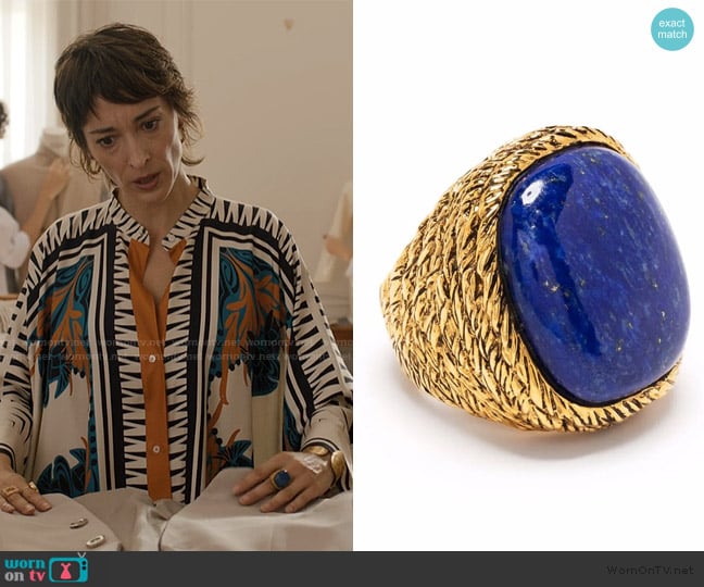 Aurelie Bidermann Miki lapis lazuli ring worn by Livia (Sylvia Sakellaridis) on Emily in Paris