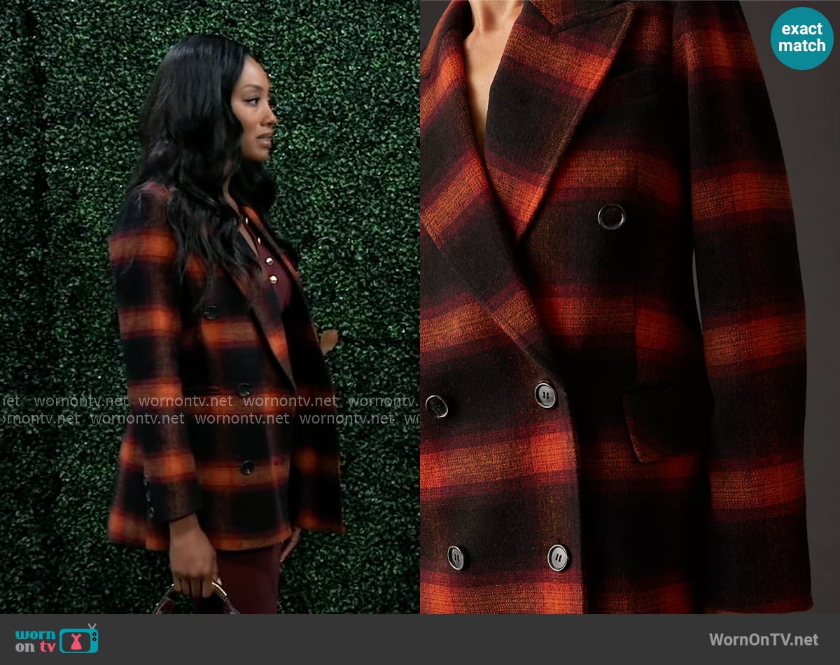 Avec Les Filles Double-Breasted Plaid Blazer worn by Jordan Ashford (Tanisha Mariko Harper) on General Hospital