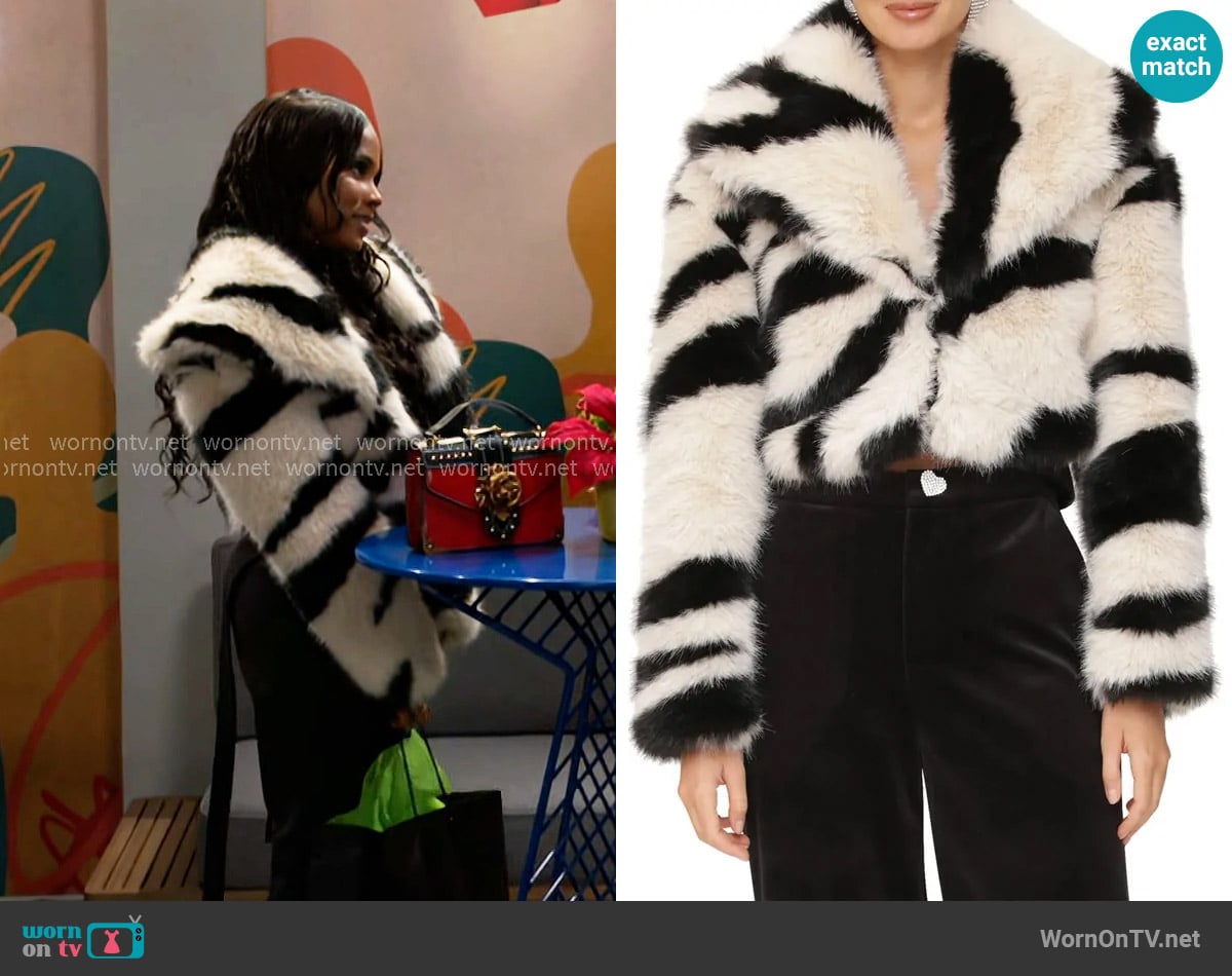 Avec Les Filles Faux-Fur Zebra Cropped Coat worn by Hayley Lawson (Marquita Goings) on Beyond the Gates