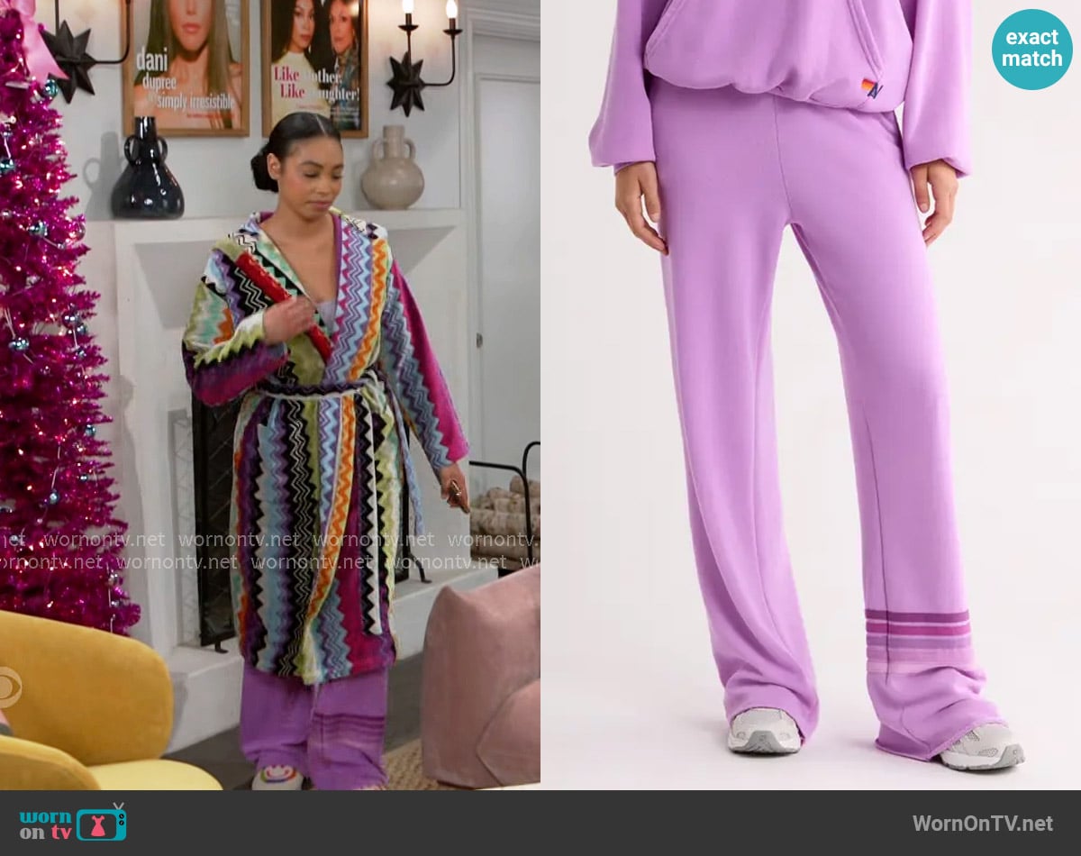 Aviator Nation Rugby Stitch Wide Leg Pocket Sweatpant in Neon Purple & Purple worn by Chelsea Hamilton (RhonniRose Mantilla) on Beyond the Gates