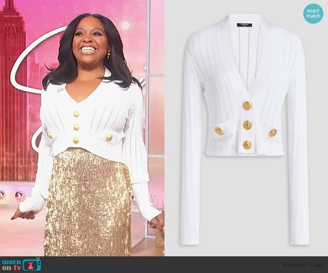 Balmain Cropped button-embellished ribbed pointelle-knit cardigan worn by Sherri Shepherd on Sherri