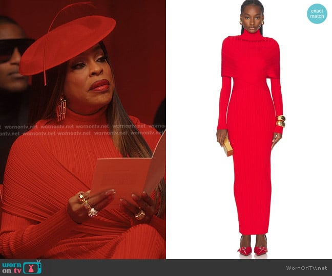 Balmain High Neck Pleated Knit Long Dress in Rouge worn by Emerald Greene (Niecy Nash-Betts) on Alls Fair