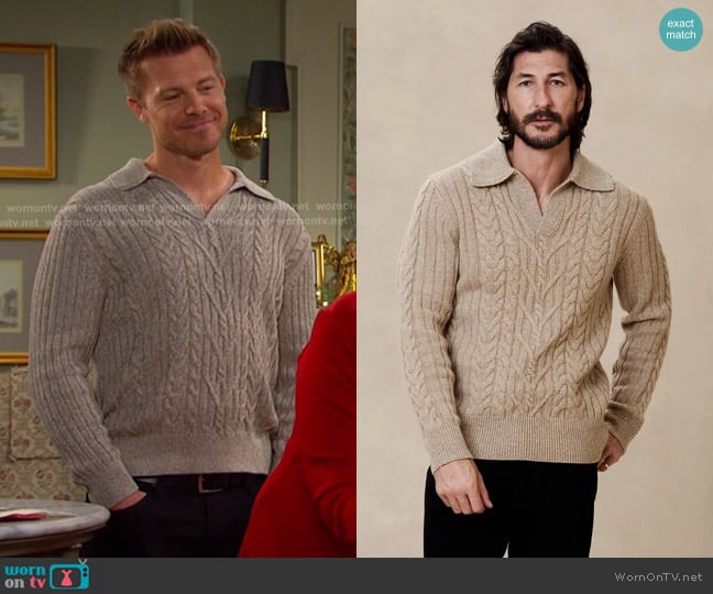 Banana Republic Lucas Wool Cashmere Cable Sweater worn by  Jeremy Horton (Michael Roark) on Days of our Lives