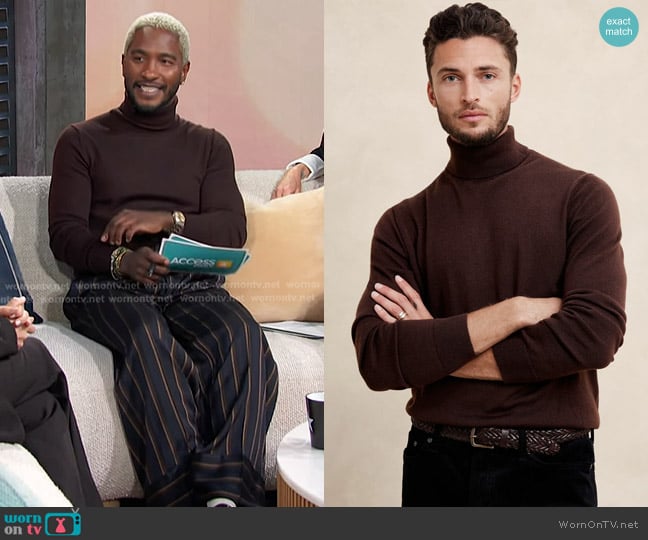 Banana Republic Merino Wool Turtleneck Sweater in Dark Brown worn by Scott Evans on Access Hollywood