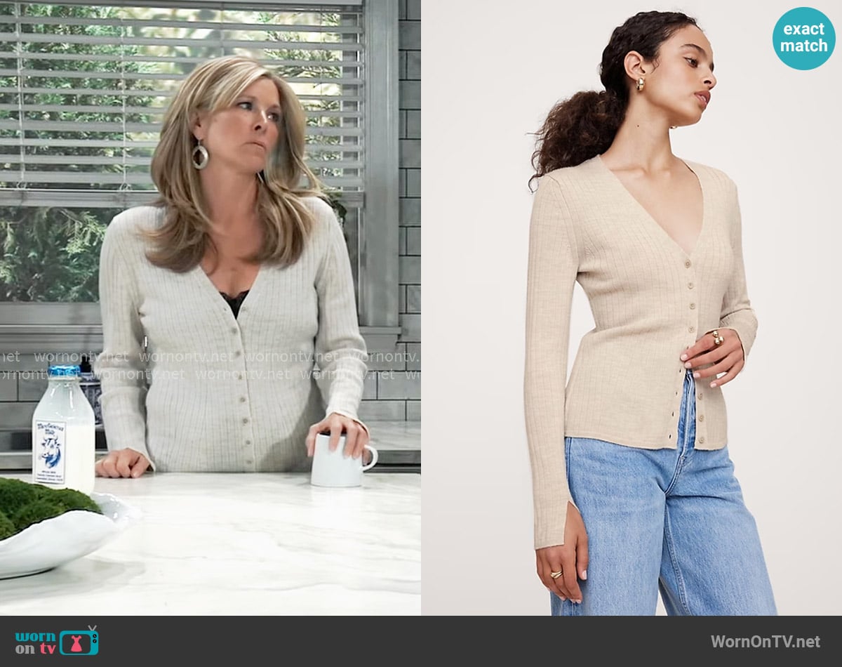 Banana Republic Ribbed Merino Cardigan in Heather Oatmeal worn by Carly Spencer (Laura Wright) on General Hospital