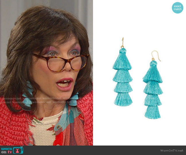 Baublebar Gabriela Fringe Drops in Turquoise worn by Susan Banks (Stacy Haiduk) on Days of our Lives