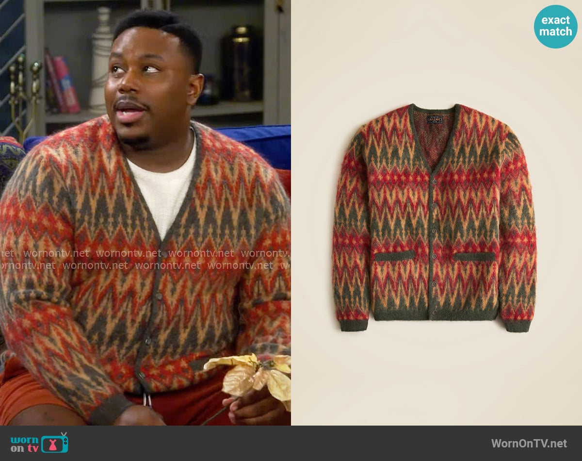 BEAMS Wool chevron jacquard cardigan sweater worn by Marty (Marcel Spears) on The Neighborhood