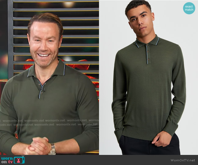 Ben Sherman Tipped Merino Polo in Khaki worn by Paul Zahn on Access Hollywood