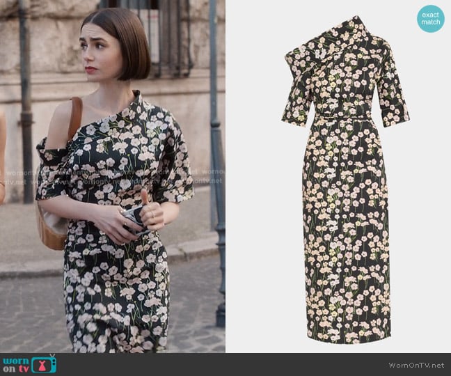 Bernadette Bowie Printed Off-The-Shoulder Bow Dress worn by Emily Cooper (Lily Collins) on Emily in Paris