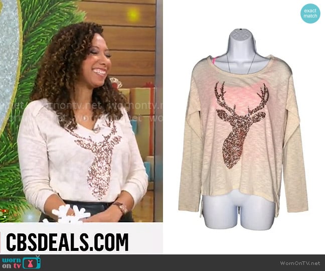 Bethany Mota x Aeropostale Sequin Deer Top worn by Gabrielle Kerr on CBS Mornings