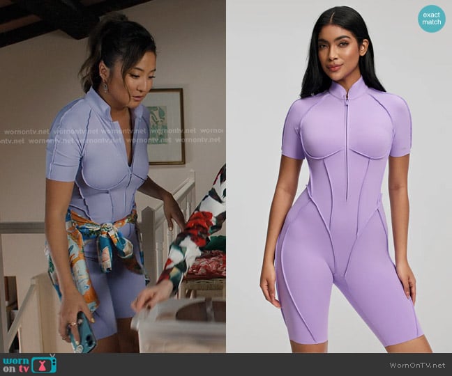 Better Me Sleek Shorts Catsuit in Lavender worn by Mindy Chen (Ashley Park) on Emily in Paris