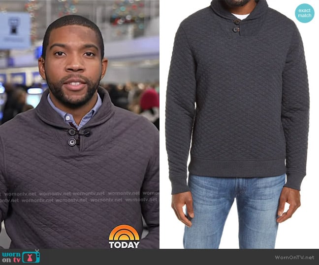 Billy Reid Shawl Collar Pullover in Dark Navy worn by Shaquille Brewster on Today