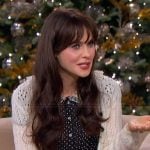 Zooey Deschanel’s polka dot top and cardigan on The Jennifer Hudson Show