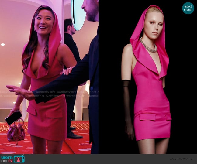 Blazy Shower Rosalia dress worn by Mindy Chen (Ashley Park) on Emily in Paris