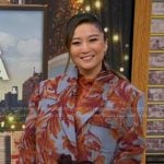 Ashley Park’s blue and orange print coat on Good Morning America