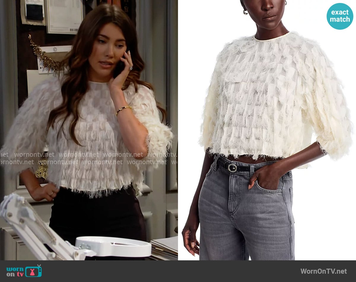 BOSS Baima Top in Soft Cream worn by Steffy Forrester (Jacqueline MacInnes Wood) on The Bold and the Beautiful