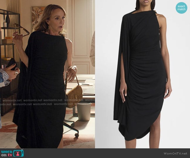 Bottega Veneta Frog Draped Matte Viscose Jersey Cape Dress worn by Sylvie (Philippine Leroy-Beaulieu) on Emily in Paris