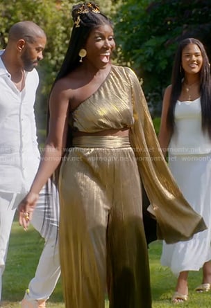 Bozoma's metallic one-shoulder top and pants on The Real Housewives of Beverly Hills
