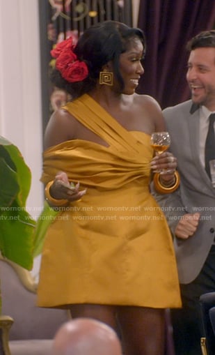 Bozoma's yellow asymmetric mini dress on The Real Housewives of Beverly Hills