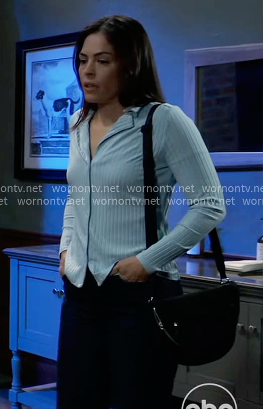 Britt's sky blue ribbed button down top on General Hospital