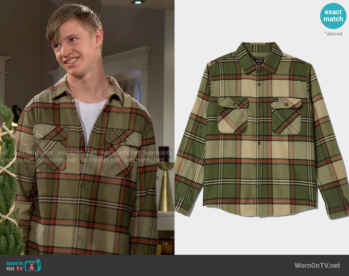 Brixton Bowery Flannel Shirt in Green/Elm/Adrenaline Rush worn by John Newman Abbott (Paxton Mishkind) on The Young and the Restless