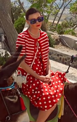 Bronwyn's red striped cardigan and polka dot dress on The Real Housewives of Salt Lake City