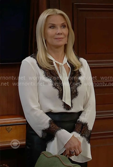 Brooke's white blouse with black lace details on The Bold and the Beautiful