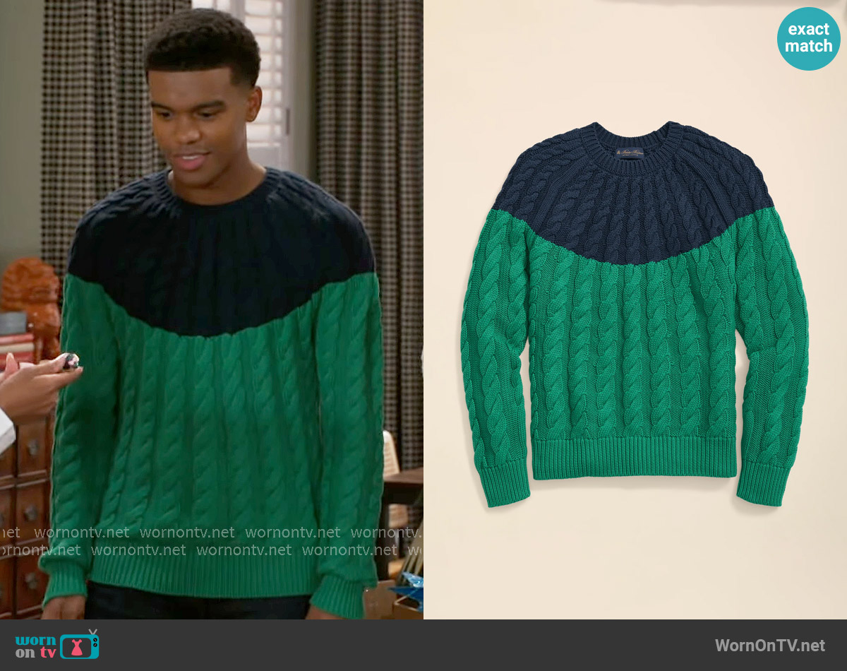Brooks Brothers Supima® Cotton Cable Contrast-Yoke Sweater worn by Tyrell Richardson (Jaden Lucas Miller) on Beyond the Gates