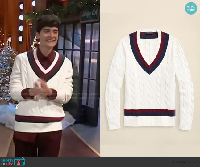 Noah’s white varsity stripe sweater on The Kelly Clarkson Show Noah’s white varsity stripe sweater on The Kelly Clarkson Show